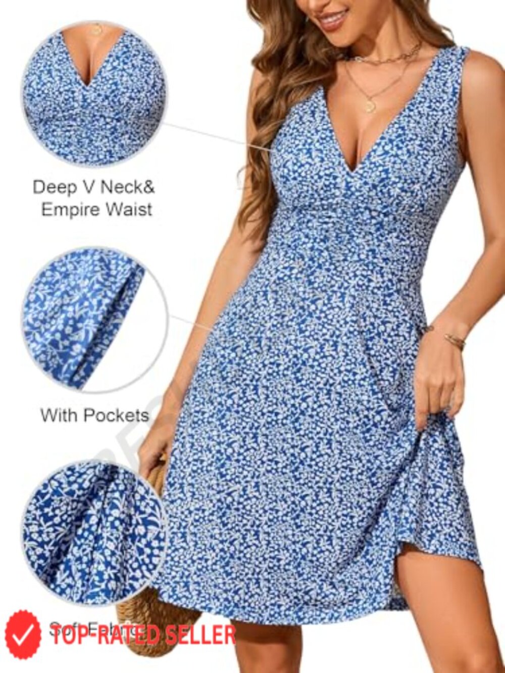 Deep V Neck Sleeveless Floral Sundress with Pockets Flowy Summer Dress - Picture 6 of 7